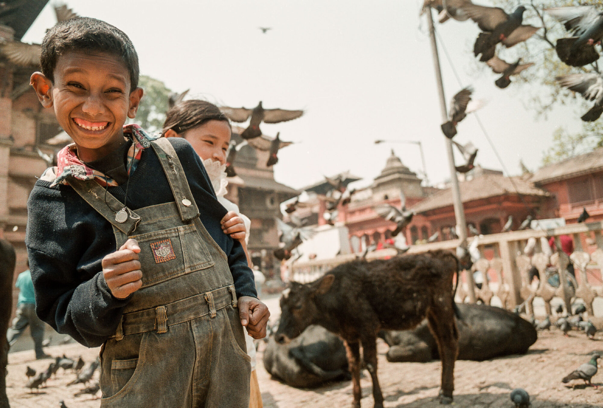 KINDER AM DURBAR SQUARE IN KATHMANDU UMZINGELT VON TAUBEN UND KUEHEN.

da/ Photo by Daniel Ammann