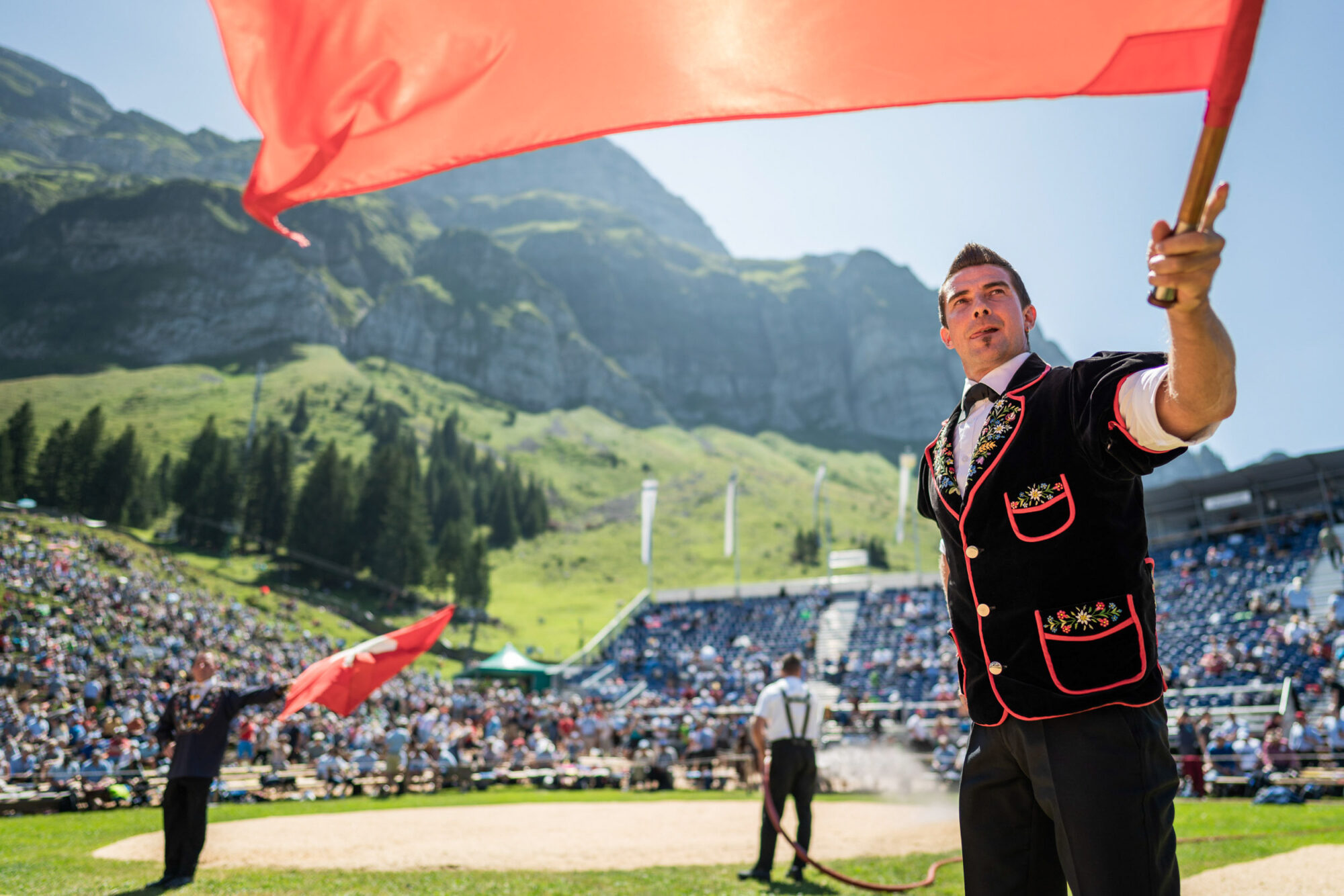 Schwaegalp, St. Gallen, Schweiz, 11. August 2019 - Schwaegalp Schwinget, Berg Kranzfest, Sport.