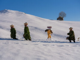 Urnäsch, Hundwil, Appenzell Ausserrhoden, Schweiz, 13 Januar 2024 - Silvesterchlausen, Brauchtum, eine Gruppe verkleideter Männer ziehen singend von Bauernhof zu Hof. Silvester Chlaus.
