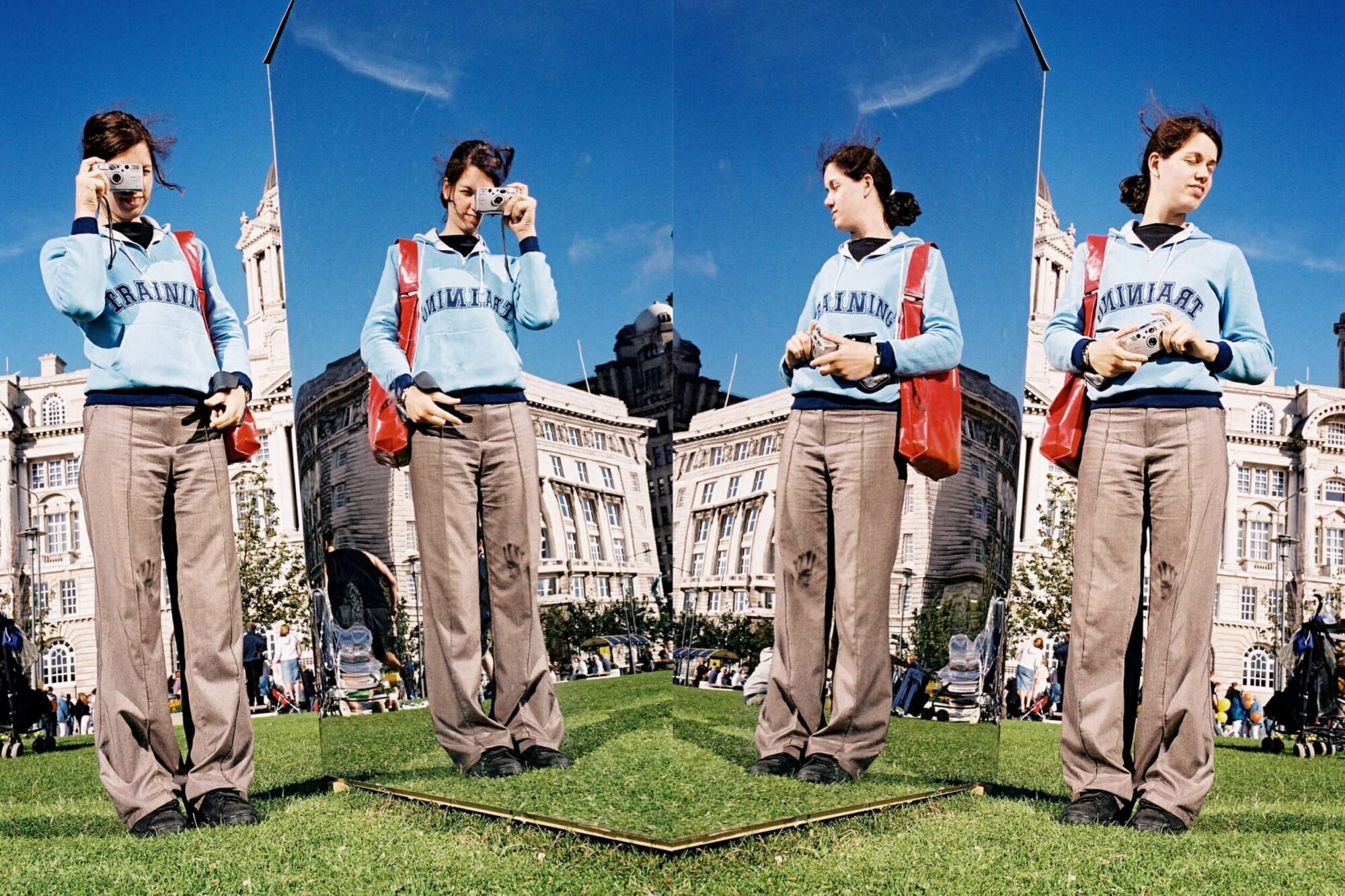 ENGLAND,1.AUGUST02 - Bilder der Reise durch das Koenigreich England von Nadja Tarnutzer und Daniel Ammann. Buchprojekt England 2002. Nadja speigelt sich auf einem Glaskubus in Liverpool.

photo by Daniel Ammann